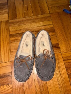 UGG Gray Suede Moccasin Slippers with Rubber Sole